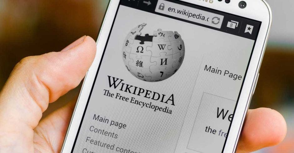 Un hombre sostiene un celular con la página de Wikipedia desplegada