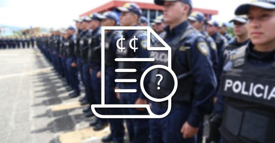 policías formados y un símbolo de dinero