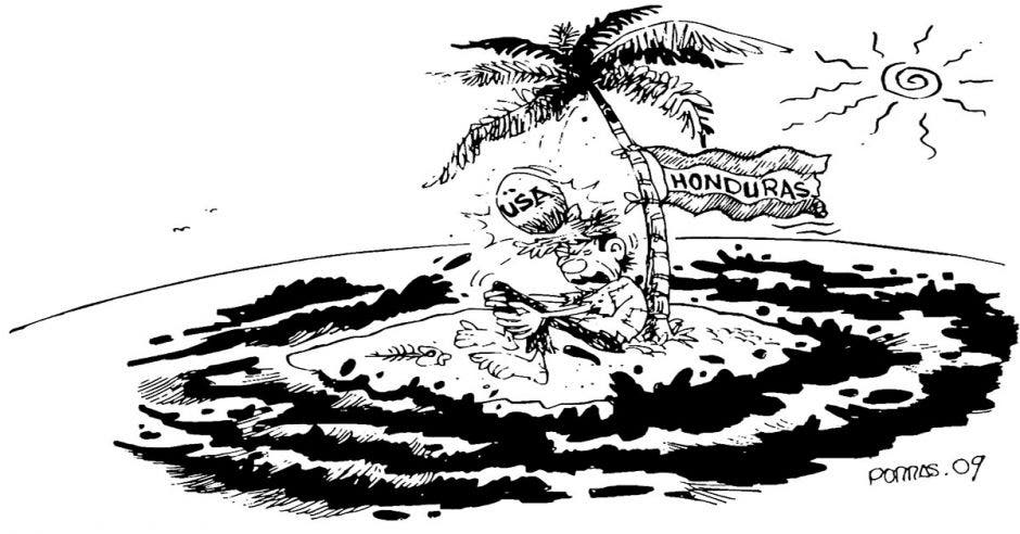 Caricatura hombre solo en una isla cayéndole un coco de una palmera en la cabeza