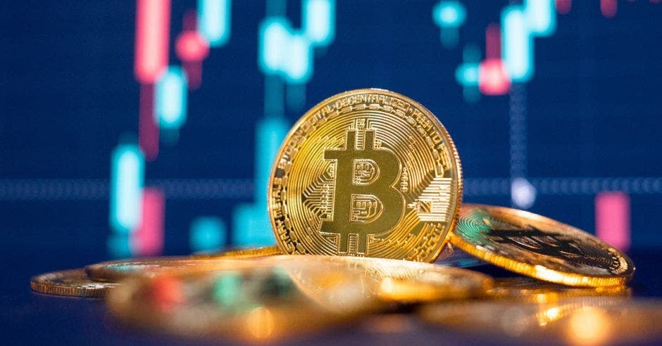 Una moneda de bitcoin sobre un puño de criptomonedas