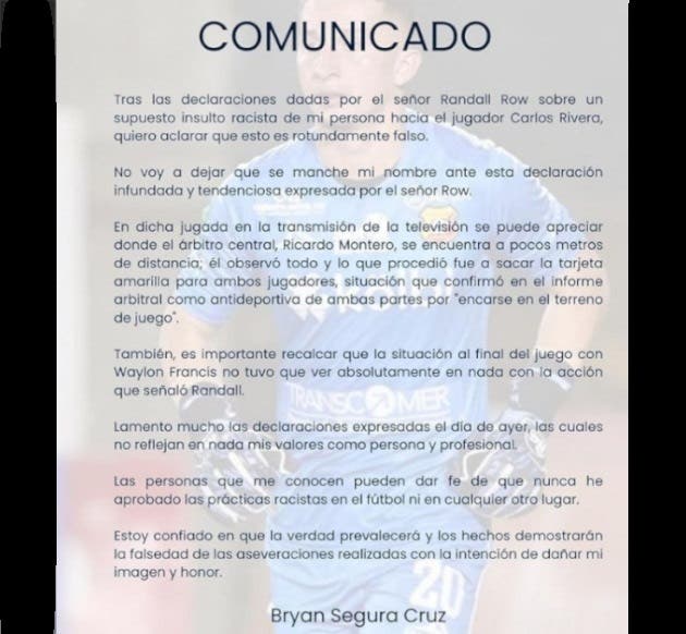 señalamiento santos guápiles técnico randall row contra guardameta club sport herediano bryan segura aparentes insultos racista contra jugador origen panameño carlos rivera portero florense se defendió lunes comunicado negando hechos