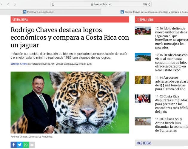 El pasado 2 de mayo, el presidente Rodrigo Chaves señaló en su discurso a la nación, que el país era como un jaguar en lo económico. Cortesía/La República.