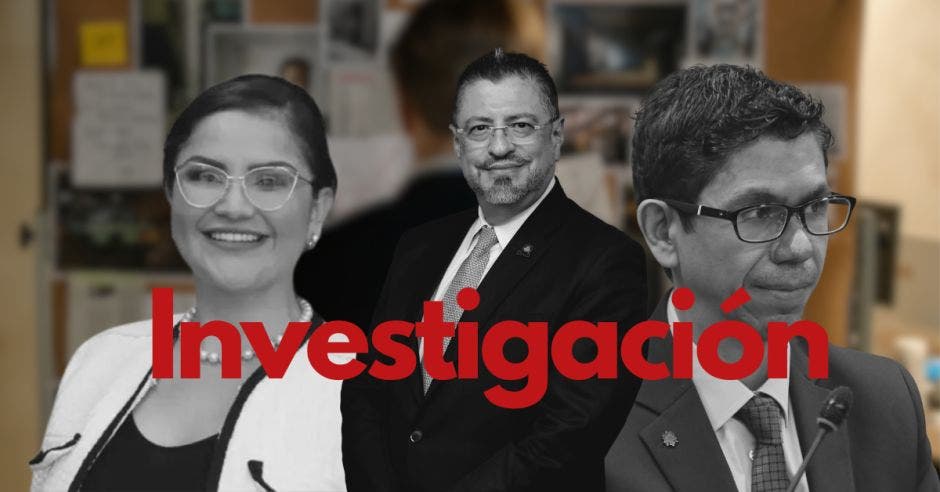 La exministra de Salud Joselyn Chacón, el presidente Rodrigo Chaves y Luis Amador, exministro del MOPT, figuran entre las personas que investiga la fiscalía y el OIJ por este tema. Elaboración propia/La República.