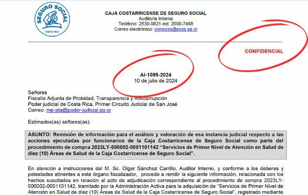 La denuncia a la fiscalía fue presentada por la auditoría de la CCSS tan solo cuatro días después de que se aprobara la adjudicación de los Ebáis. Cortesía/La República.